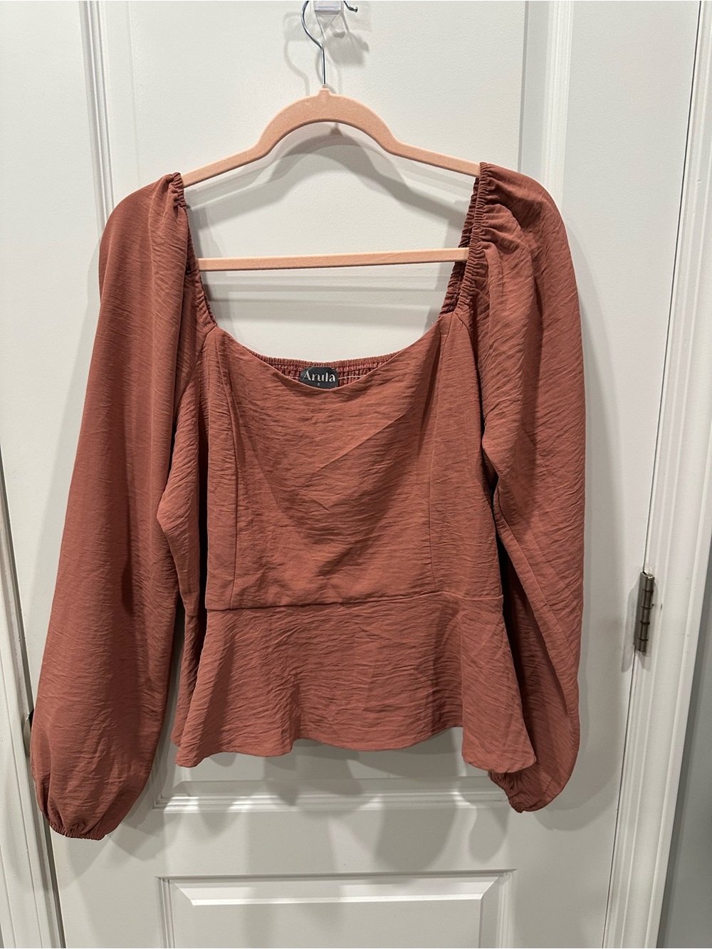 ARULA romantic boho-chic cottagecore Terracotta Peplum Blouse puff sleeve
